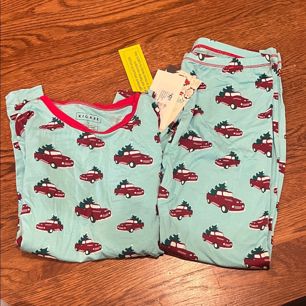 Kickee Pants Light Blue Pajama Set with Red Holiday Car Print
